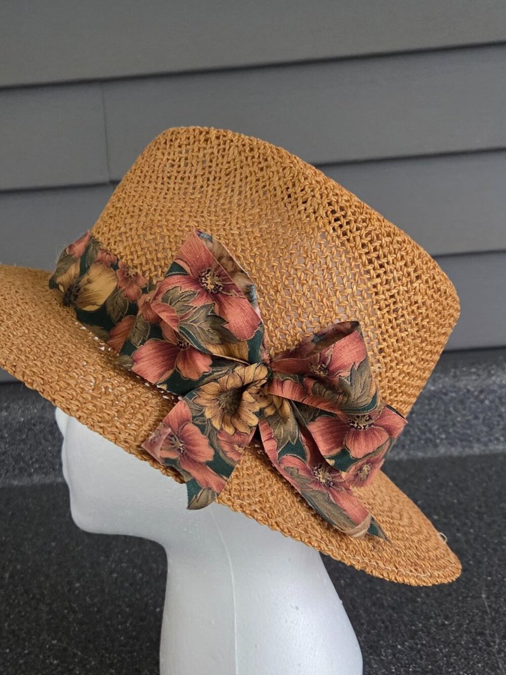 John Stetson Women's Fedora Indiana Jones Golden Straw Hat Floral Ribbon & Bow